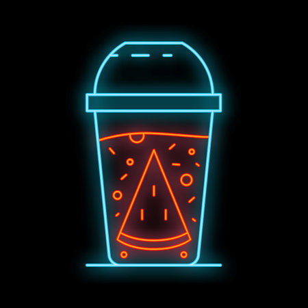 Neon sign representing a watermelon juice in a plastic cup with a straw, on a black backgroundのイラスト素材