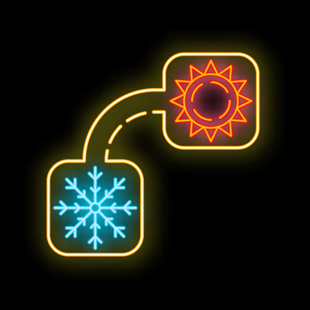 Neon sign showing a road turning from a snowflake to a sun icon, on a black backgroundのイラスト素材
