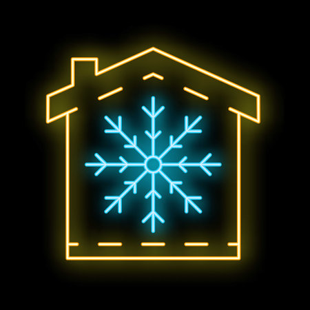 Glowing neon line house with snowflake icon isolated on black background. Winter house symbol. Merry christmas and happy new year. Vector illustrationのイラスト素材