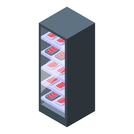 Vertical refrigerator keeping meat fresh for sale in a supermarketのイラスト素材