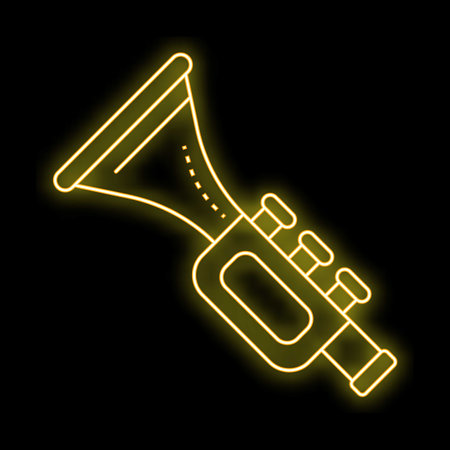 Yellow neon sign representing a trumpet, glowing on a black background