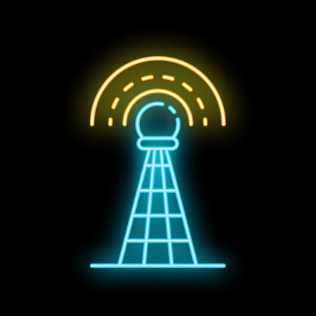 Neon radio tower broadcasting radio waves icon illustration isolated on black backgroundのイラスト素材