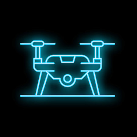 Blue neon sign of a drone with camera on black background representing innovative aerial technologyのイラスト素材
