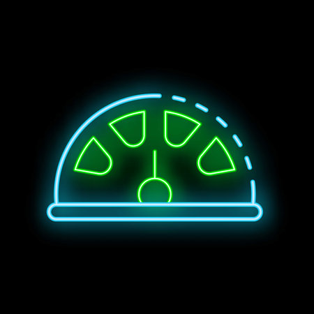 Bright neon speedometer with glowing green indicator needle moving on black backgroundのイラスト素材