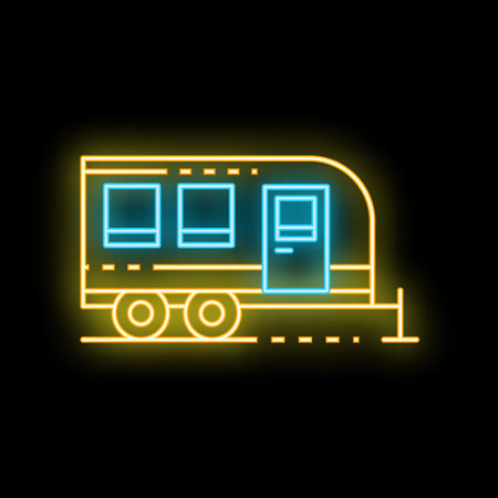 Glowing neon line travel trailer icon isolated on a black background vector illustrationのイラスト素材