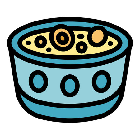 Blue bowl is full of delicious soup with mushrooms floating on topのイラスト素材