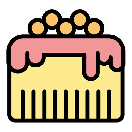Cartoon drawing of a cake being decorated with pink icing and yellow sprinklesのイラスト素材