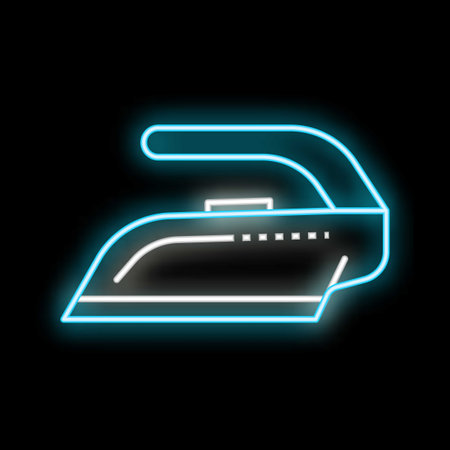 Blue neon iron icon glowing in the dark, symbolizing laundry, ironing, household chores, and garment careのイラスト素材