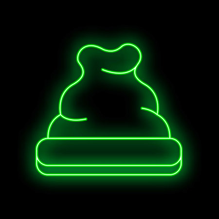 Bright green neon sign depicting a soft woolen winter hat, glowing on a dark background, perfect for winter themed designsのイラスト素材