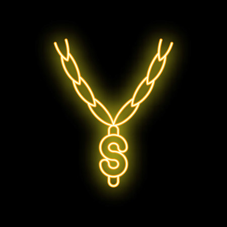 Neon illustration of a gold chain necklace with a dollar sign pendant glowing on a black backgroundのイラスト素材
