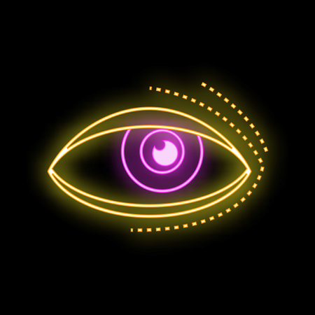 Neon sign showing an open eye with eyelashes, glowing yellow and purple on a black backgroundのイラスト素材