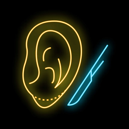 Neon sign illustrating the concept of otoplasty with an ear and a scalpelのイラスト素材