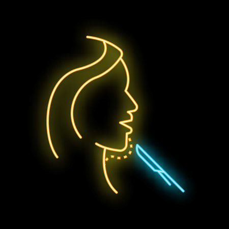 Neon sign of a plastic surgeon drawing a patients chin up with a scalpelのイラスト素材