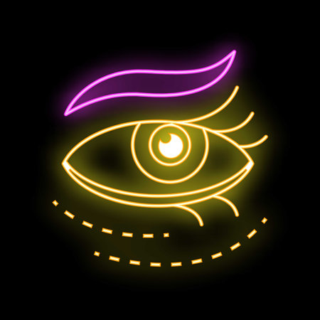 Neon sign showing an eye with long eyelashes and eyebrow, concept for beauty salons or ophthalmologistsのイラスト素材