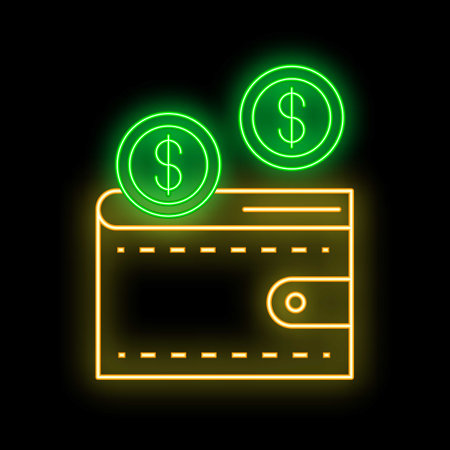 Neon sign representing a wallet receiving dollar coins, great for wealth or income conceptsのイラスト素材
