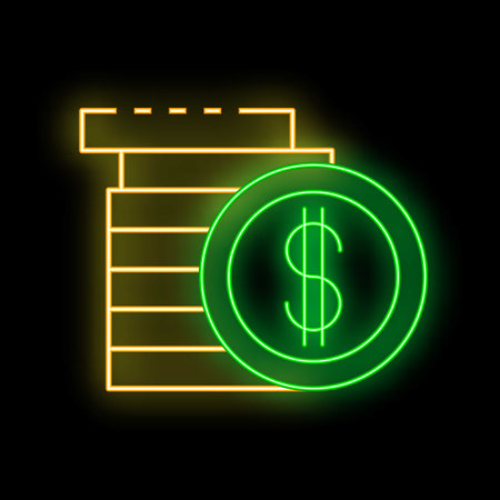 Neon sign of a big green dollar coin over a stack of bills, representing savings, wealth, or successful investmentのイラスト素材
