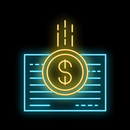 Glowing neon sign representing adding money to a bank account, with a dollar coin falling downのイラスト素材