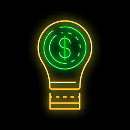 Neon light bulb glowing with dollar sign inside representing profitable ideas and business solutionsのイラスト素材