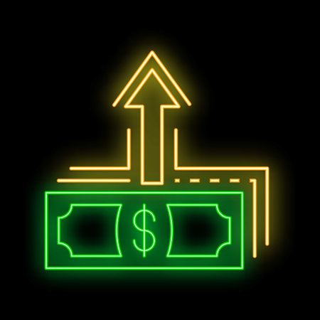 Glowing neon icon of a green dollar bill with an upward arrow, representing a stock market increaseのイラスト素材