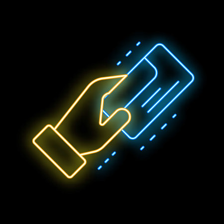 Glowing neon hand holding a credit card, perfect for illustrating e commerce and online paymentsのイラスト素材