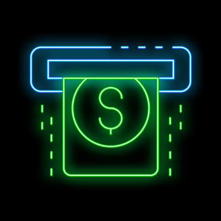 Green and blue neon glowing atm with dollar bill being withdrawn on a dark backgroundのイラスト素材