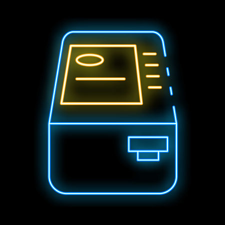 Glowing neon atm machine displaying payment information with illuminated touchscreen and card readerのイラスト素材