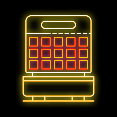 Neon sign of yellow and red waffle iron glowing on black backgroundのイラスト素材