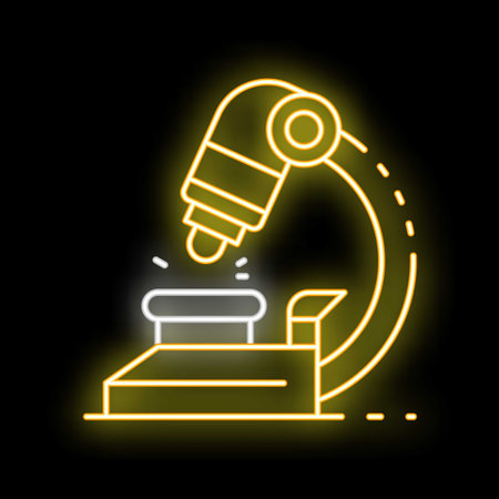 Neon microscope analyzing sample icon glowing on black backgroundのイラスト素材