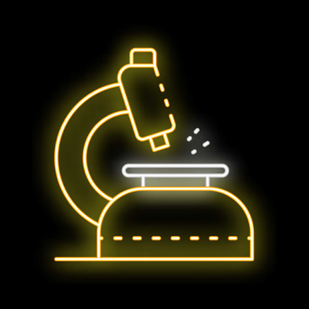Neon icon of a microscope glows brightly, representing the exciting world of scientific discoveryのイラスト素材