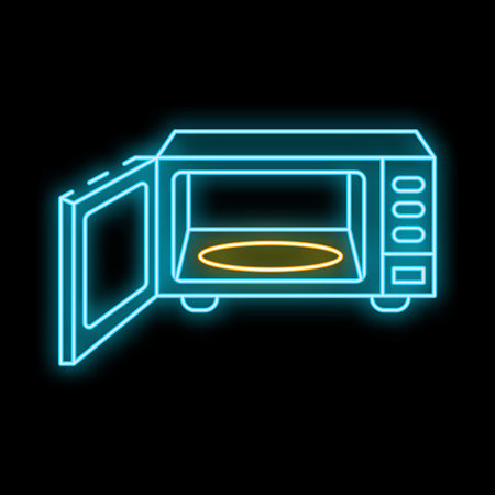 Blue neon microwave oven with open door and empty rotating plate insideのイラスト素材