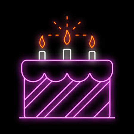 Colorful neon birthday cake with three lit candles is glowing on a black backgroundのイラスト素材