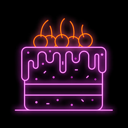 Neon sign showing a chocolate cake with cherries on top and icing being drizzled