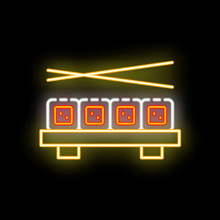 Glowing neon line sushi on cutting board icon isolated on black background. Vector illustrationのイラスト素材