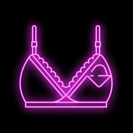 Neon illustration of a pink bra with lace, glowing on a black backgroundのイラスト素材