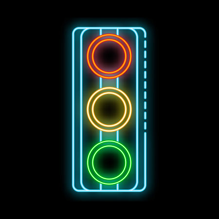 Neon traffic light glowing on a brick wall, illuminating the nightのイラスト素材