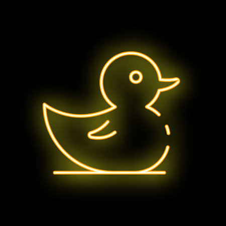 Yellow neon sign in the shape of a rubber duck swimming on a black backgroundのイラスト素材