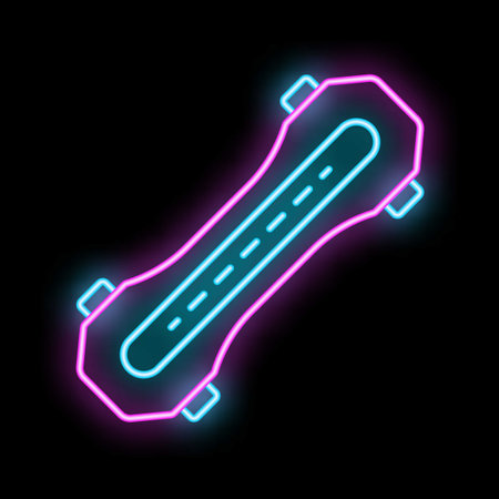 Blue and pink neon sign in the shape of a skateboard glowing on a black backgroundのイラスト素材
