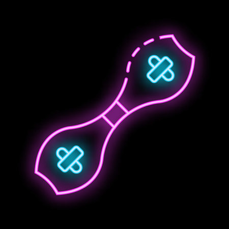 Neon sign of a pair of bowling pins with a cross on each one glowing on black backgroundのイラスト素材