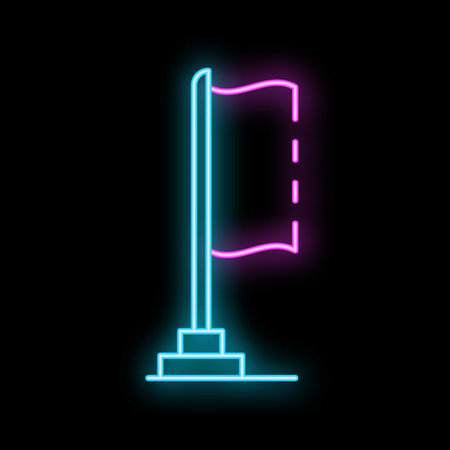 Neon flag waving on flagpole, glowing blue and purple on black backgroundのイラスト素材