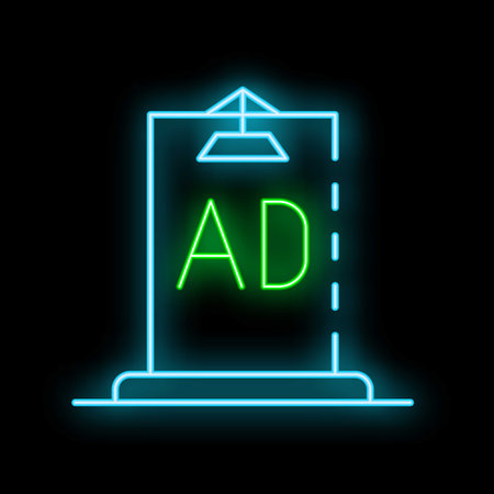 Glowing neon sign depicting advertising with a clipboard on a black backgroundのイラスト素材