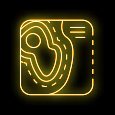 Yellow glowing neon line topographic map with route and coordinates icon isolated on black background. Vectorのイラスト素材