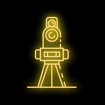 Glowing yellow neon icon of a theodolite, an instrument for measuring angles in horizontal and vertical planes, used in surveying, geodesy, and constructionのイラスト素材