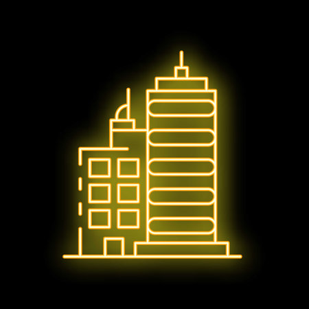 Neon sign representing two skyscrapers at night, ideal for real estate or architecture projectsのイラスト素材