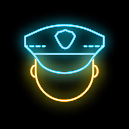Neon sign illuminating the silhouette of a police officer wearing a traditional peaked capのイラスト素材