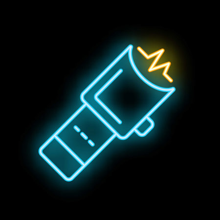 Blue neon icon of a taser gun glowing on a black background