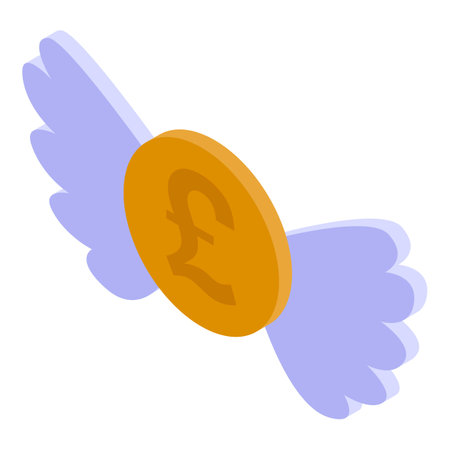 Golden pound coin with wings symbolizing fast money transfer, financial freedom, and global transactionsのイラスト素材