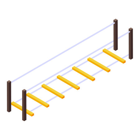 Wooden planks suspended by ropes create a simple rope bridge, suggesting a pathway to new heights or overcoming challengesのイラスト素材