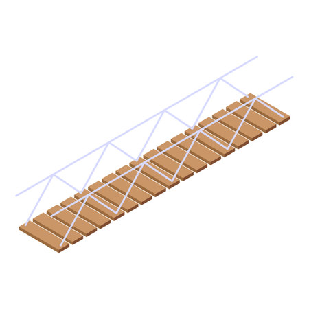 Simple wooden rope bridge with metal handrails connecting two sides, isolated on white background, in isometric viewのイラスト素材