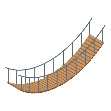 Curved rope bridge made of wooden planks and metal railing, connecting two sides, isolated on white backgroundのイラスト素材
