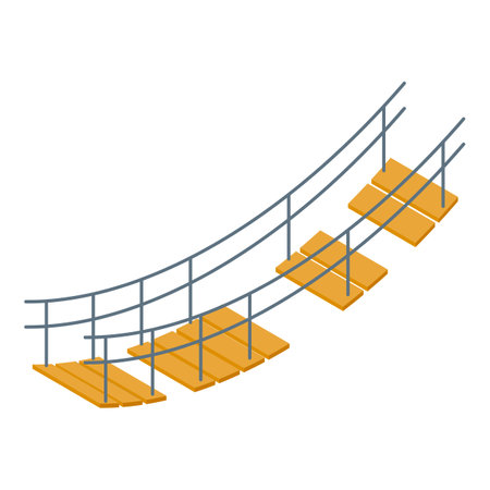 Wooden planks and metal ropes forming a suspended bridge, offering a pathway across a divideのイラスト素材